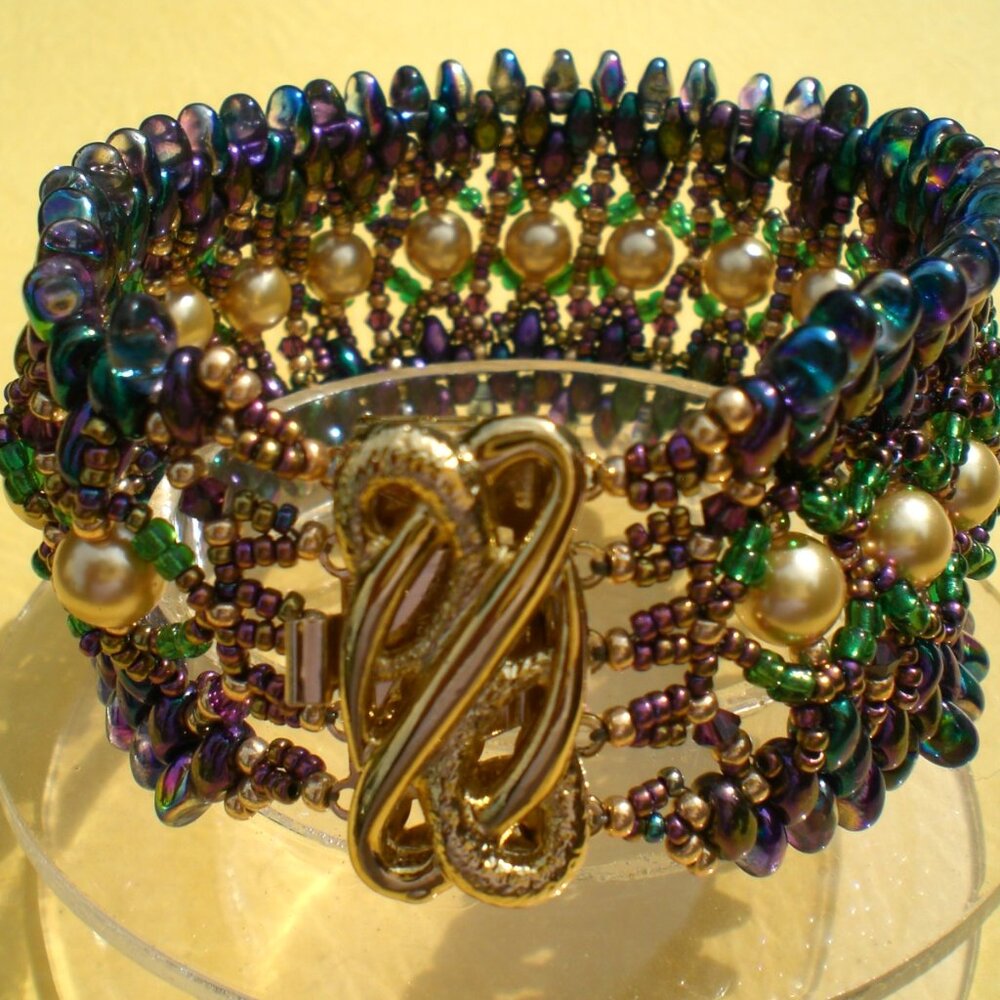 Hand Beaded Golden Pearl Mardi Gras Cuff Bracelet, Mardi Gras Bracelet